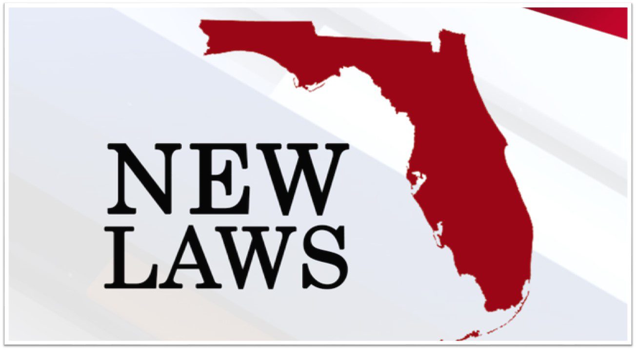 A red and white map of florida with the words " new laws ".